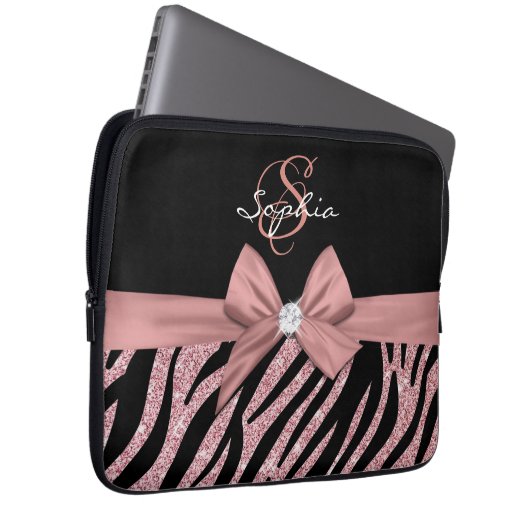 Rose Gold Glitzer Black Zebra Streifen Bow Monogra Laptopschutzhülle (Vorne Rechts)