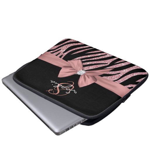 Rose Gold Glitzer Black Zebra Streifen Bow Monogra Laptopschutzhülle (Vorne Knopf)