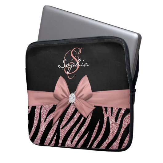 Rose Gold Glitzer Black Zebra Streifen Bow Monogra Laptopschutzhülle (Vorderseite Links)