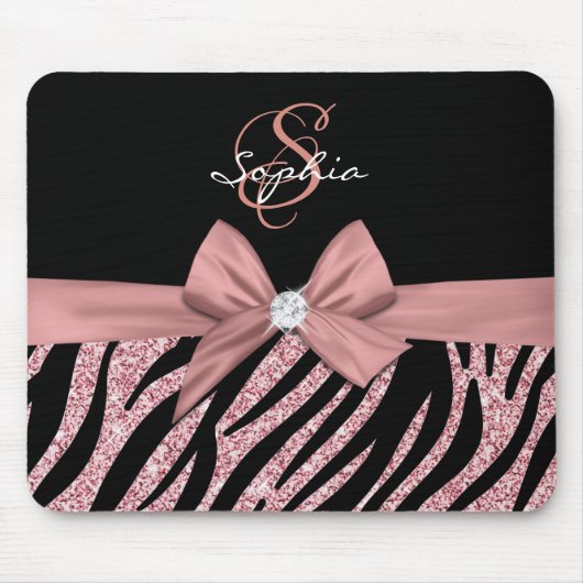 Rose Gold Glitzer Black Zebra Streifen Bow Monogra Mousepad (Vorne)
