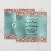 Rose Gold Glitzer Blale Türkis Monogram Einladung (Vorne/Hinten)