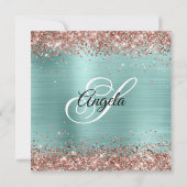 Rose Gold Glitzer Blale Türkis Monogram Einladung (Rückseite)
