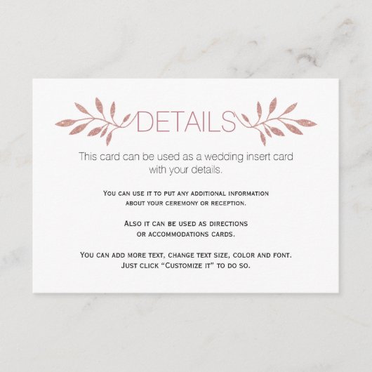 Rose Gold Glitzer Blätter Hochzeitskarte Begleitkarte (Vorderseite)