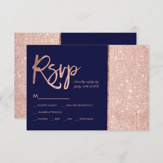 Rose Gold Glitzer Block Marine blaue uAwg Hochzeit RSVP Karte (Vorne/Hinten)