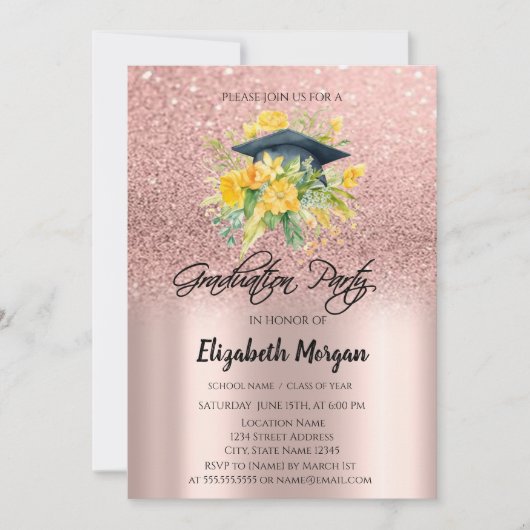 Rose Gold Glitzer Bloral Grad Cap Abschluss Einladung (Vorderseite)
