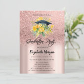 Rose Gold Glitzer Bloral Grad Cap Abschluss Einladung (Stehend Vorderseite)