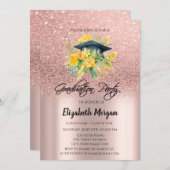 Rose Gold Glitzer Bloral Grad Cap Abschluss Einladung (Vorne/Hinten)