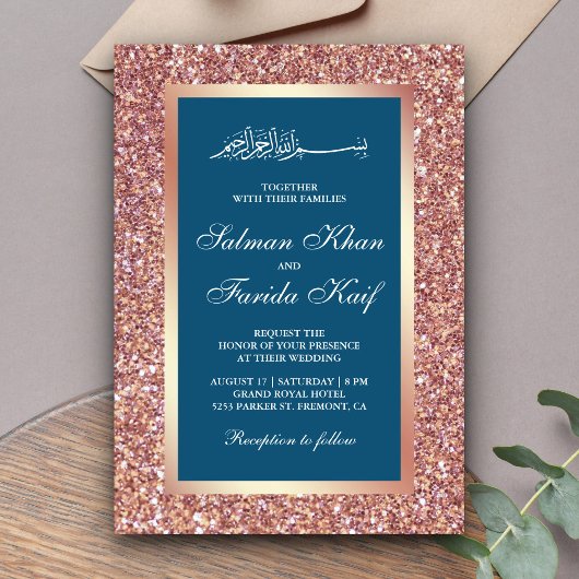 Rose Gold Glitzer Blue Islamische Hochzeit Einladung