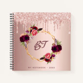 Rose Gold Glitzer Blumenburgund Monogramm Notizblock (Vorderseite)