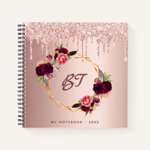 Rose Gold Glitzer Blumenburgund Monogramm Notizblock