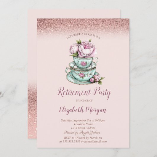 Rose Gold Glitzer Blumenstrauß Teebecher Einladung (Vorne/Hinten)