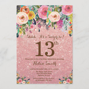 Rose Gold Glitzer Blumenüberraschung 13. Geburtsta Einladung