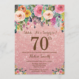 Rose Gold Glitzer Blumenüberraschung 70. Geburtsta Einladung