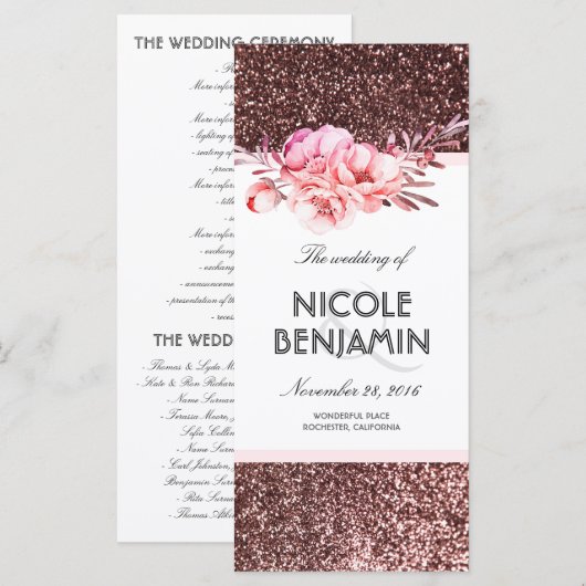 Rose Gold Glitzer Blumenzettel Programm (Vorne/Hinten)