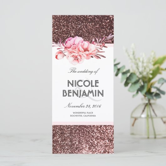 Rose Gold Glitzer Blumenzettel Programm (Stehend Vorderseite)