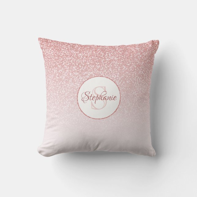 Rose Gold Glitzer Blush Ombre Round Monogram Kissen (Vorderseite)