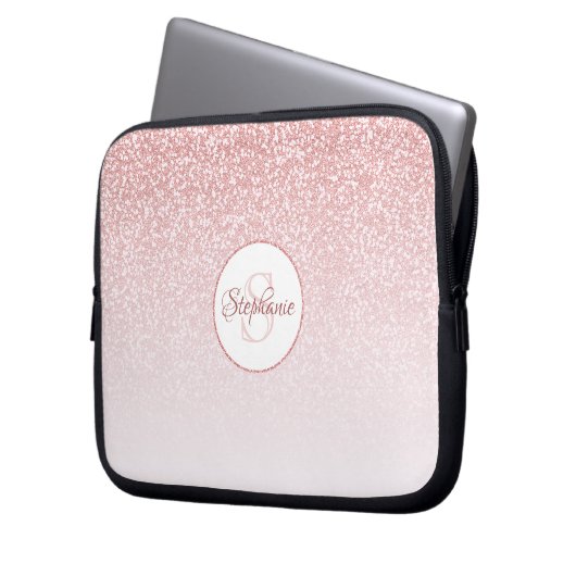 Rose Gold Glitzer Blush Ombre Round Monogram Laptopschutzhülle (Vorderseite Links)