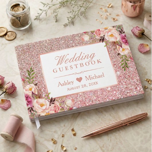 Rose Gold Glitzer Blush Pink Blumenzehen Gästebuch