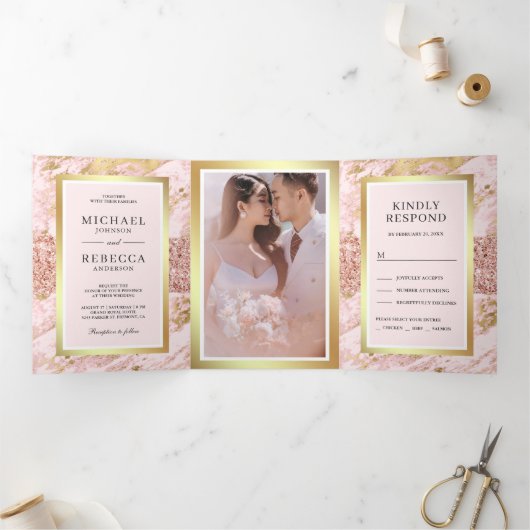 Rose Gold Glitzer Blush Pink Marble Foto Hochzeit Dreifach Gefaltete Einladung (Innenseite)
