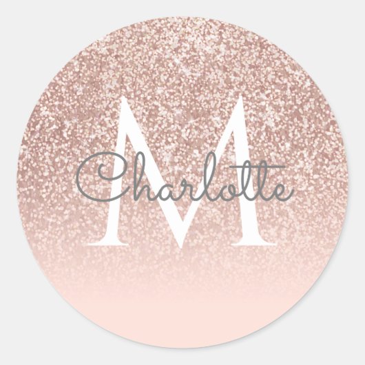 Rose Gold Glitzer Blush Pink Monogram Girl Script Runder Aufkleber (Vorderseite)