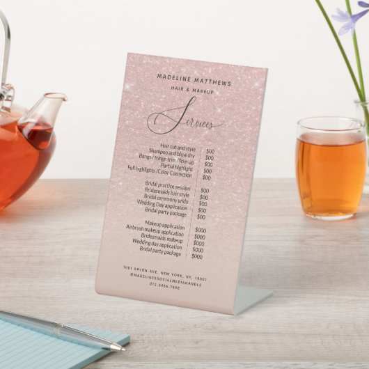 Rose Gold Glitzer Blush Pink Salon Preisliste Sockelschild (In SItu)