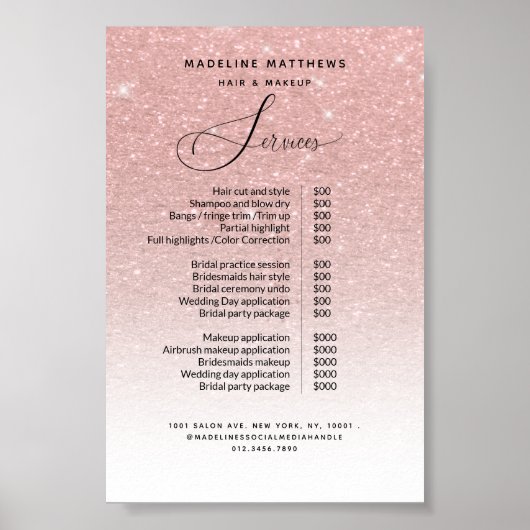 Rose Gold Glitzer Blush Sparkle Salon Preisliste Poster (Vorne)