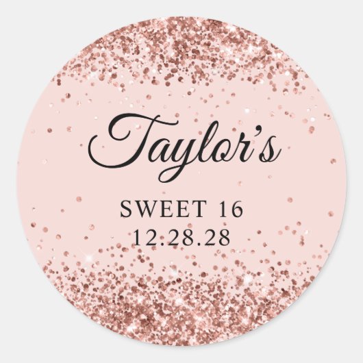 Rose Gold Glitzer Blush Sweet 16 Runder Aufkleber (Vorderseite)