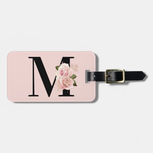 Rose Gold Glitzer Blütenrot und Schwarz Monogramm Gepäckanhänger (Vorderseite horizontal)