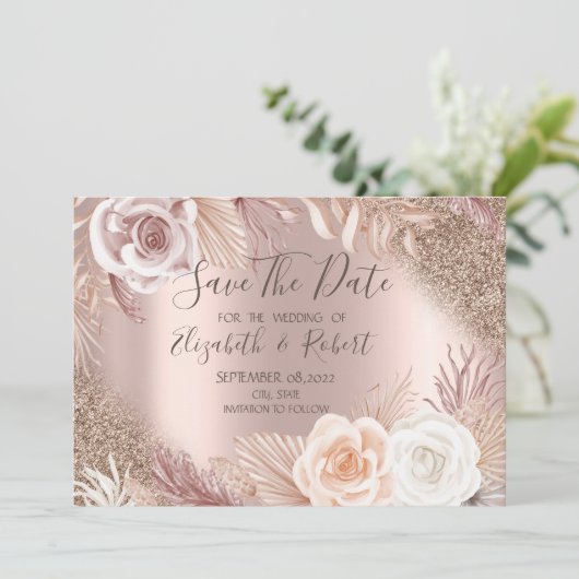 Rose Gold Glitzer Boho Blume Ombre Save the Date (Stehend Vorderseite)