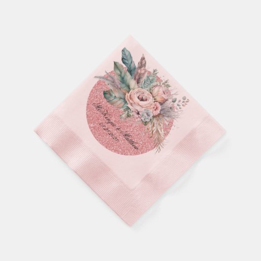 Rose Gold Glitzer Boho Florals Feathers Wedding Serviette (Ecke)