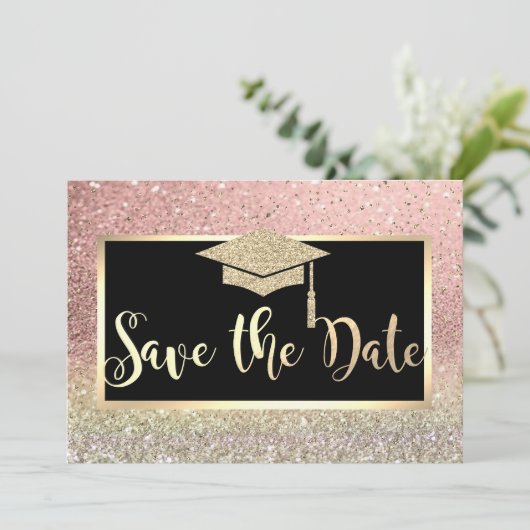 Rose Gold Glitzer Bokeh Abschluss Save the Date (Stehend Vorderseite)
