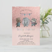Rose Gold Glitzer Bokeh, Animals Baby Dusche Einladung (Stehend Vorderseite)