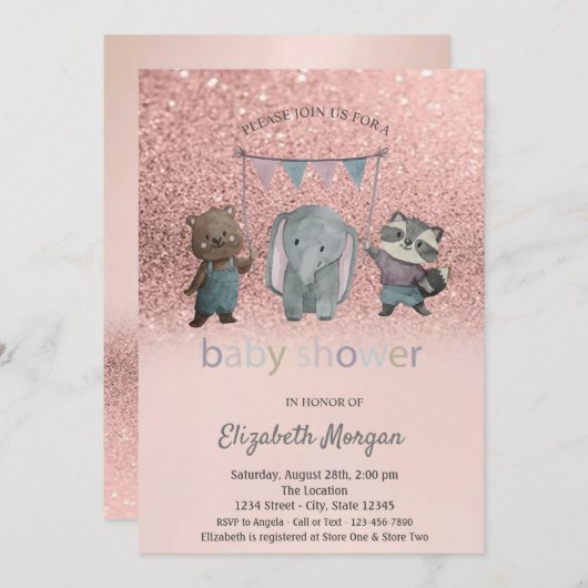 Rose Gold Glitzer Bokeh, Animals Baby Dusche Einladung (Vorne/Hinten)
