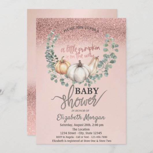 Rose Gold Glitzer Bokeh,Blätter Pumpkin Baby Dusch Einladung (Vorne/Hinten)