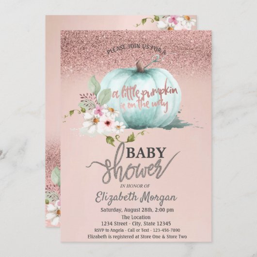 Rose Gold Glitzer Bokeh, Blume Pumpkin Baby Dusche Einladung (Vorne/Hinten)