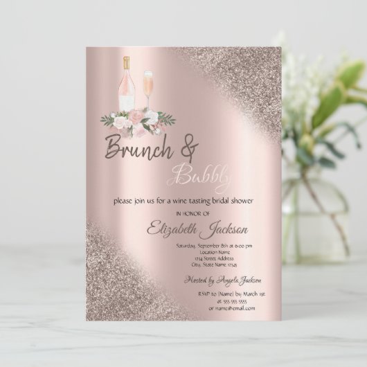 Rose Gold Glitzer Bokeh Brunch & Bubbly Einladung (Stehend Vorderseite)