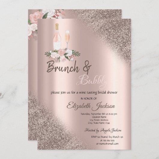 Rose Gold Glitzer Bokeh Brunch & Bubbly Einladung (Vorne/Hinten)