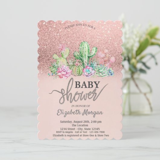 Rose Gold Glitzer Bokeh, Cactus Baby Shower Einladung (Stehend Vorderseite)