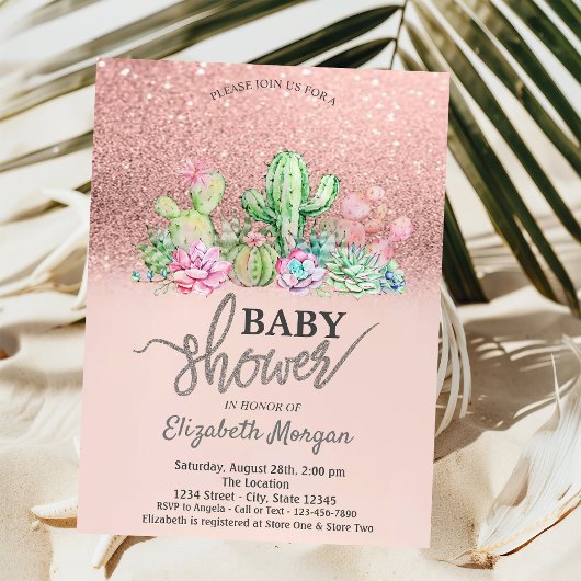 Rose Gold Glitzer Bokeh, Cactus Baby Shower Einladung