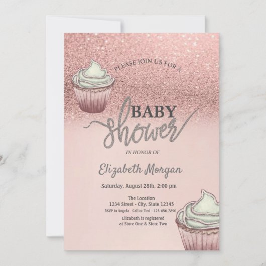Rose Gold Glitzer Bokeh Cupcakes Einladung (Vorderseite)