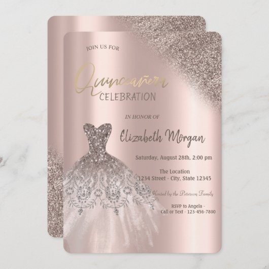 Rose Gold Glitzer Bokeh Dress Quinceañera Einladung (Vorne/Hinten)