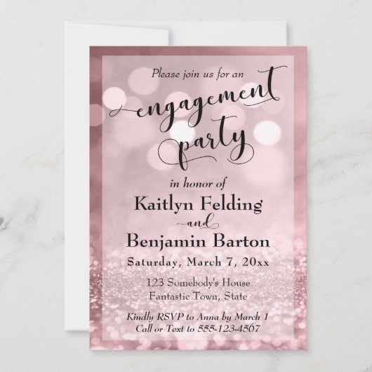 Rose Gold Glitzer Bokeh Engagement Partei Einladung (Vorderseite)