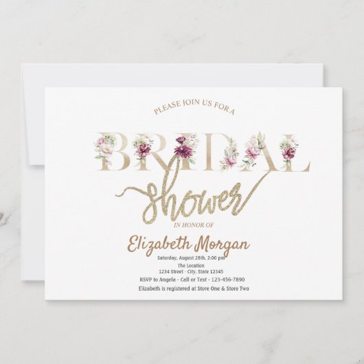 Rose Gold Glitzer Bokeh Floral Brautparty Einladung (Vorderseite)