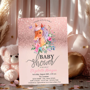 Rose Gold Glitzer Bokeh Floral Pony Baby Dusche Einladung
