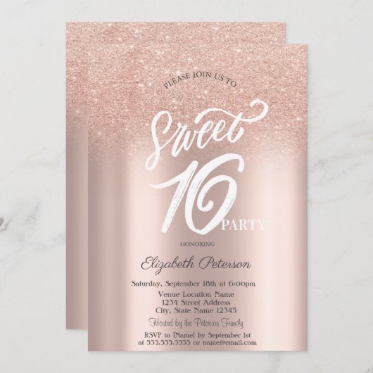 Rose Gold Glitzer Bokeh Ombre Sweet 16 Einladung (Vorne/Hinten)