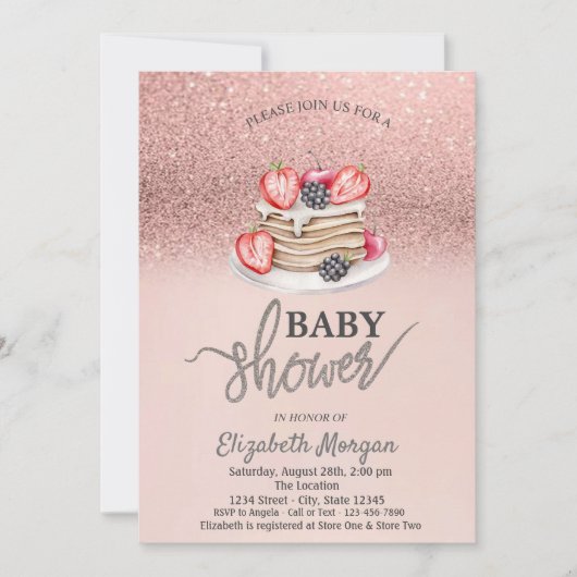 Rose Gold Glitzer Bokeh, Pancakes Baby Dusche Einladung (Vorderseite)