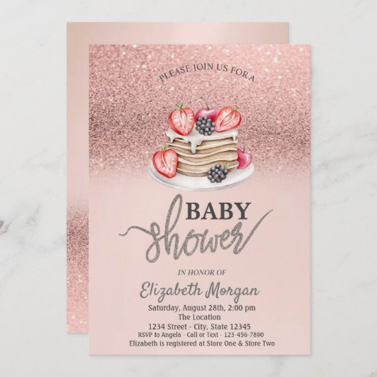 Rose Gold Glitzer Bokeh, Pancakes Baby Dusche Einladung (Vorne/Hinten)