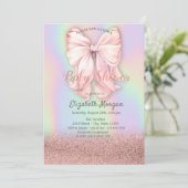 Rose Gold Glitzer Bokeh, Rosa Bow Holographische Einladung (Stehend Vorderseite)
