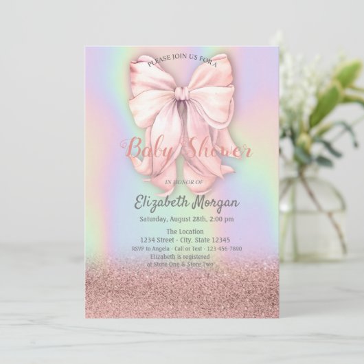 Rose Gold Glitzer Bokeh, Rosa Bow Holographische Einladung (Stehend Vorderseite)