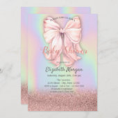 Rose Gold Glitzer Bokeh, Rosa Bow Holographische Einladung (Vorne/Hinten)